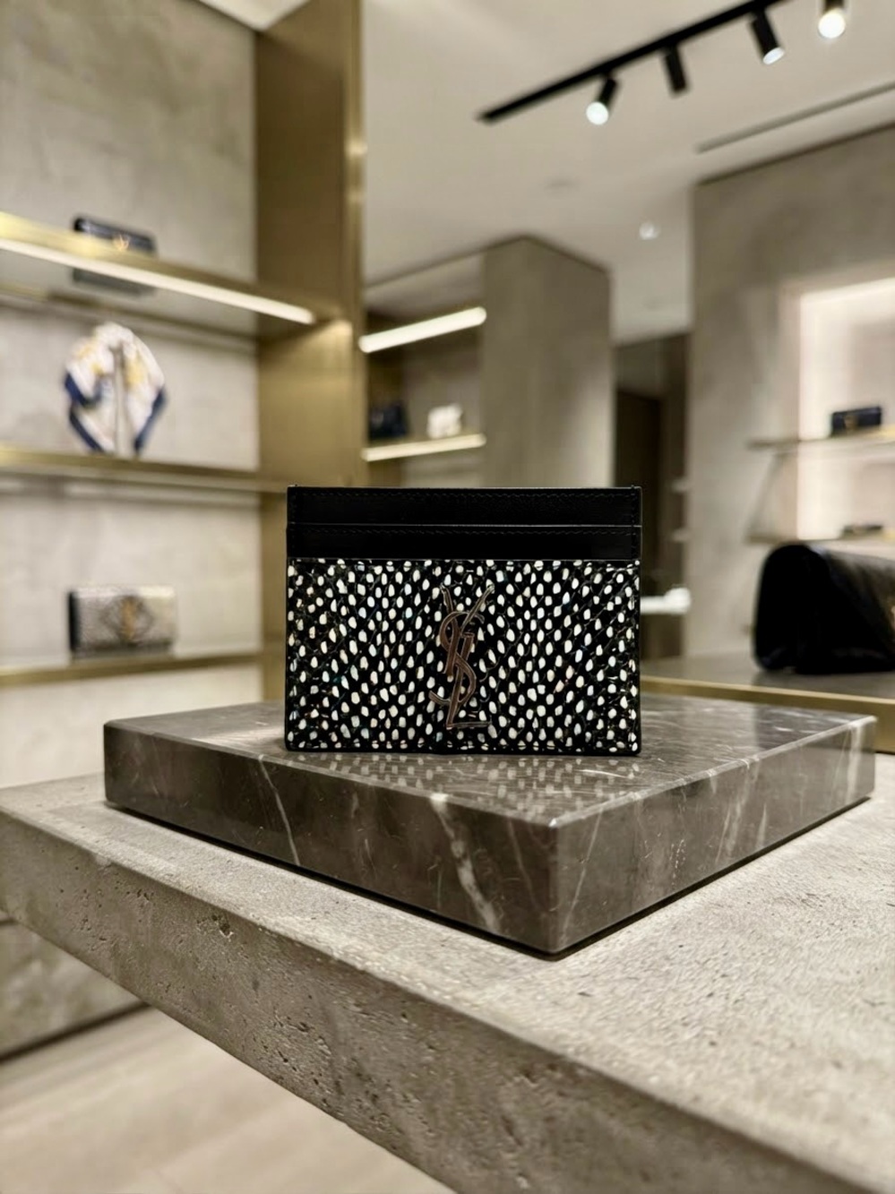 Saint Laurent Black and White Patterned Card Holder with YSL Logo